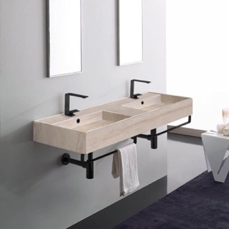 Bathroom Sink Beige Travertine Design Ceramic Wall Mounted Double Sink With Black Towel Bar Scarabeo 5116-E-TB-BLK